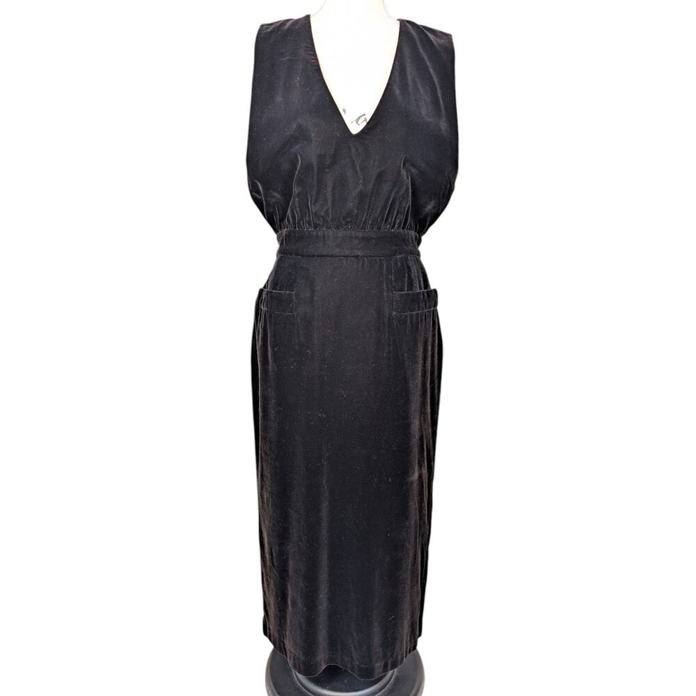 Vintage Talbots Black Velvet Midi Dress | Sleeveless V-Neck